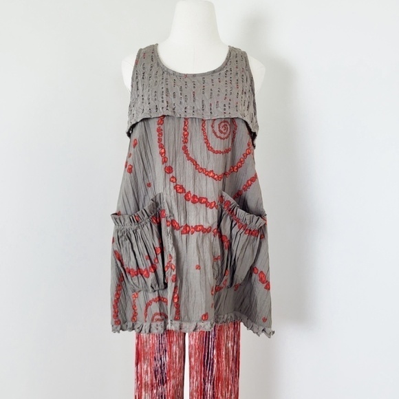 Tara Vao Babydoll Tank Top Pockets Long Sleeveless Abstract Pleated Eyelet - Picture 2 of 12